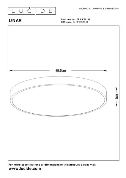 Lucide UNAR - Flush ceiling light - Ø 49,5 cm- LED 3 StepDim - 1x36W 2700K - White - technical